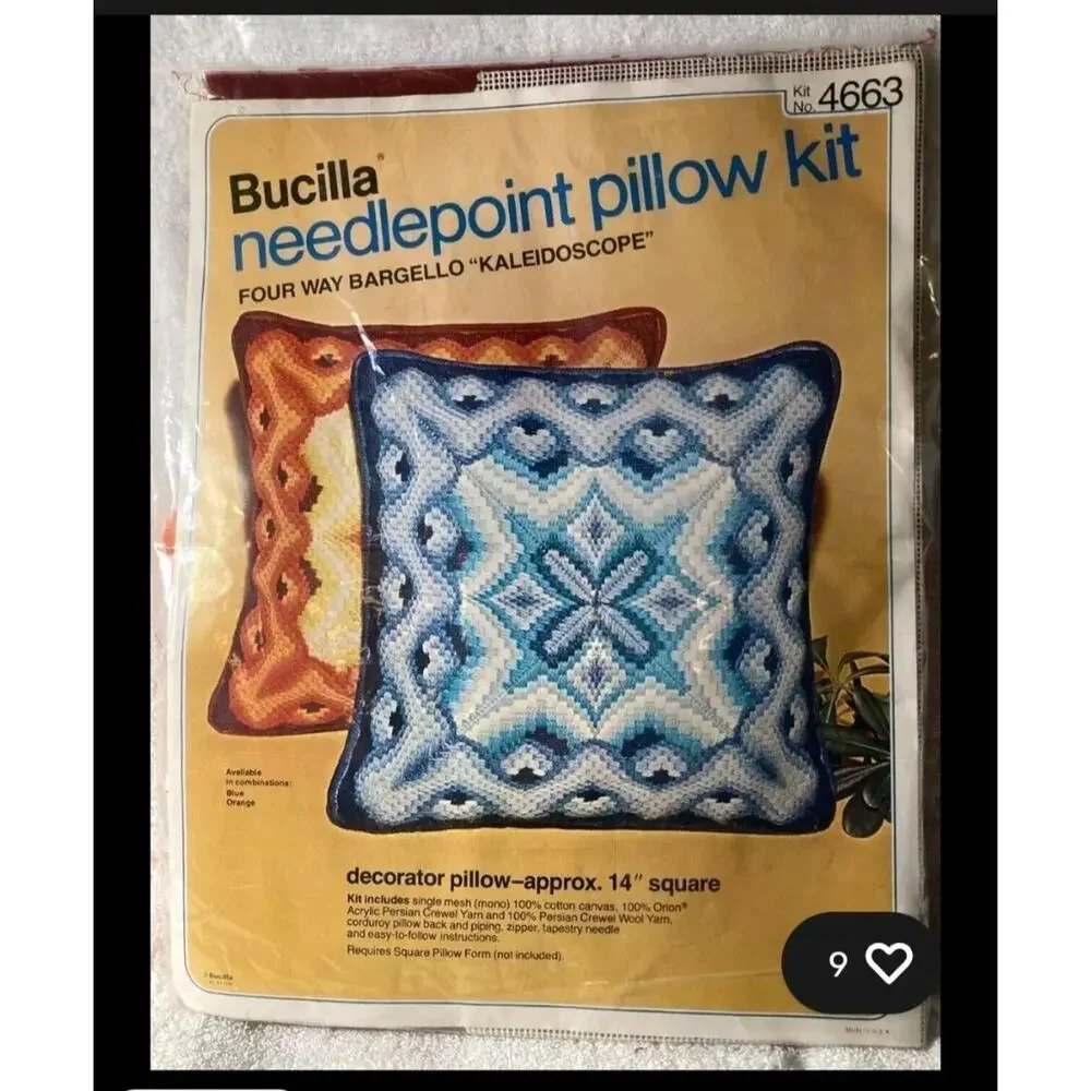 Vtg Bucilla Bargello Needlepoint Pillow Geometric Kaleidoscope 70s MCM Blue 12